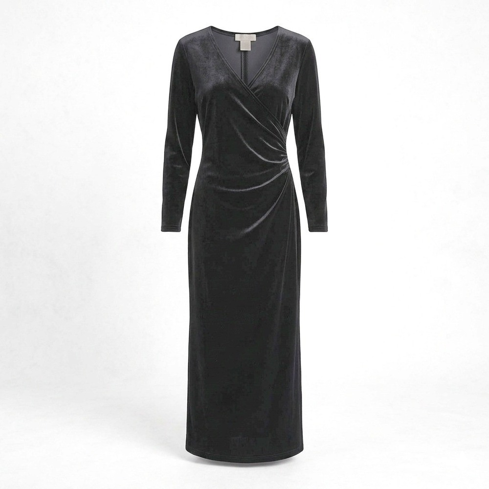 Vintage Dressbarn Black Stretch Velvet Faux Wrap Maxi Dress Long Sleeve 6 Gothic